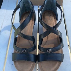 Black strappy wedge sandals